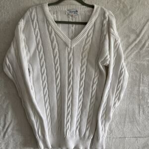 Vintage Deans of Scotland Shetland Cotton Sweater M White Cable Knit Tenniscore